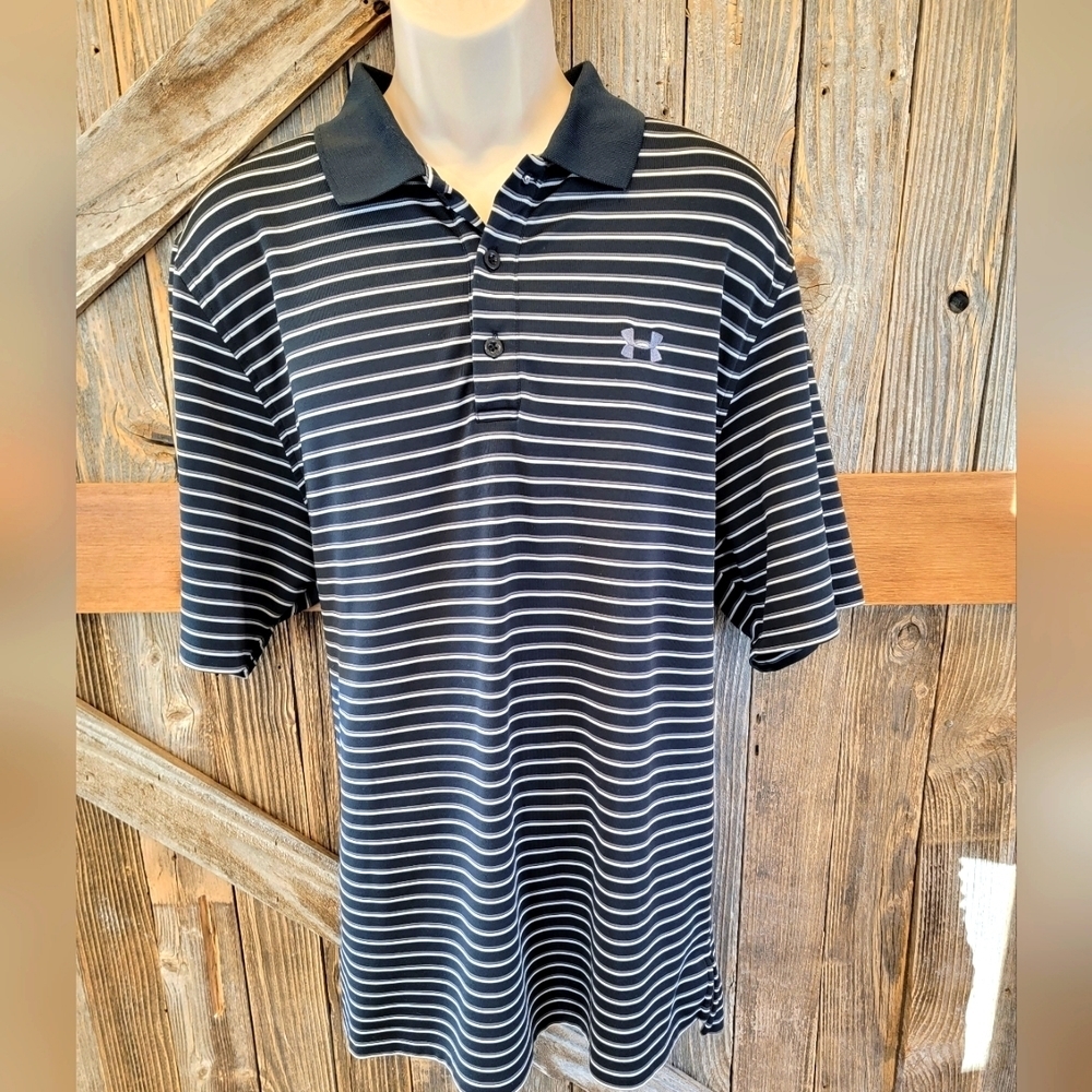 UNDER ARMOUR SHORT SLEEVE WHITE & BLACK STRIPED P0LO SHIRT MENS XL LOOSE